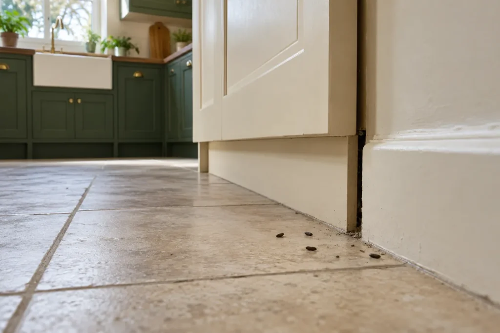 Small dark droppings beside a kitchen cabinet in a daylight interior
