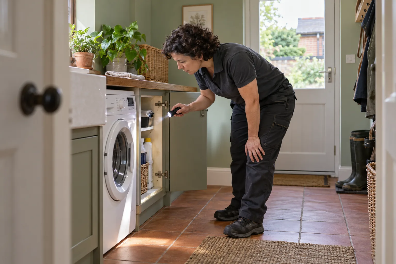Specialist inspecting a low utility-room cupboard with a torch