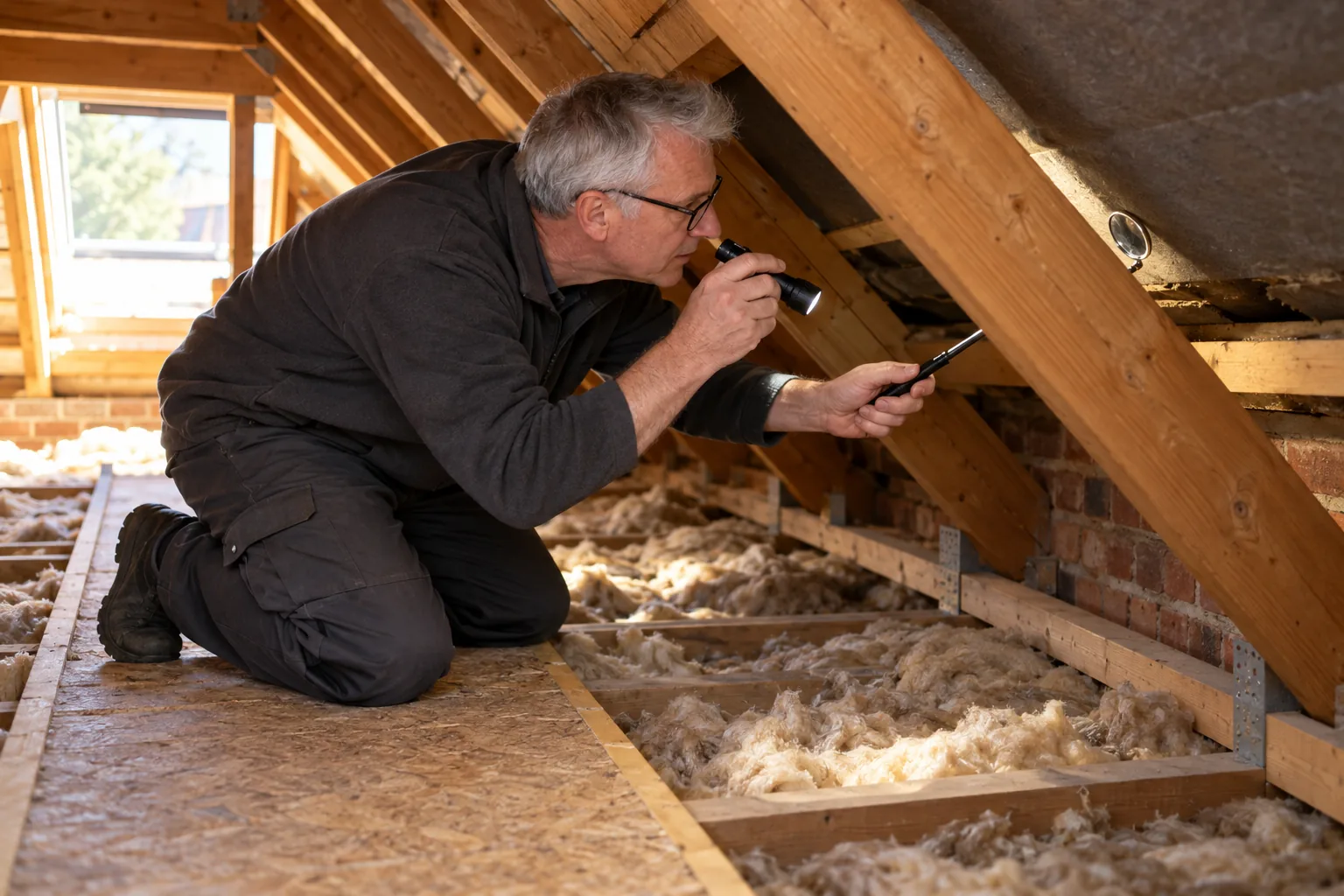 Inspector examining accessible loft eaves from a boarded walkway