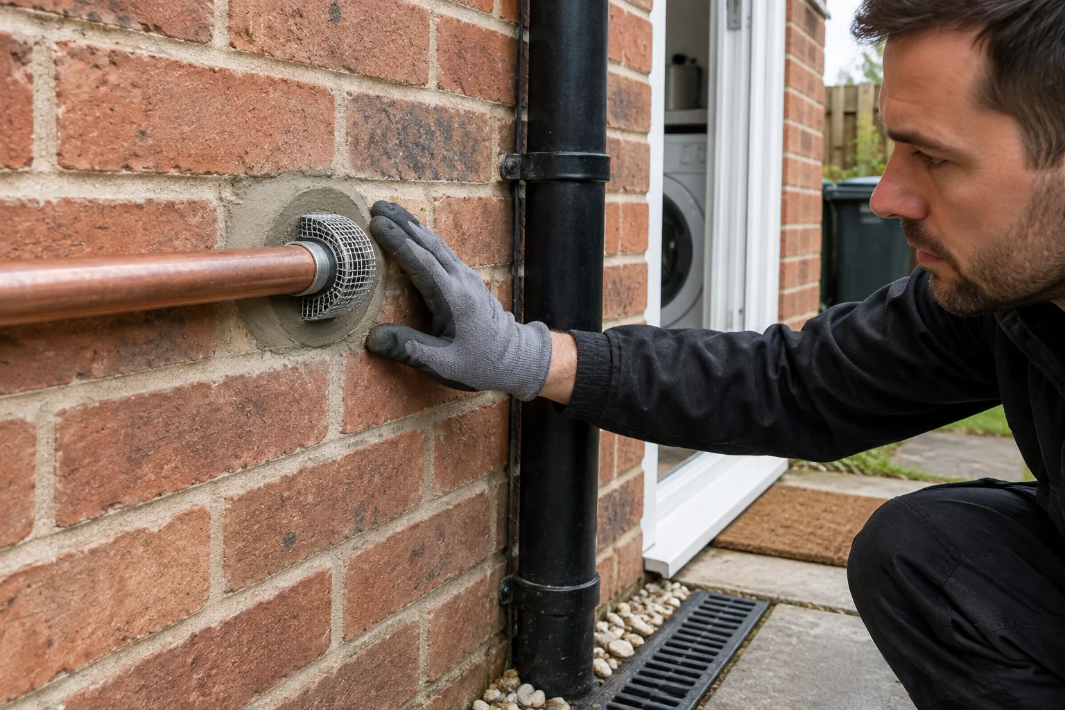 Gloved hand checking a sealed utility pipe entry through brickwork