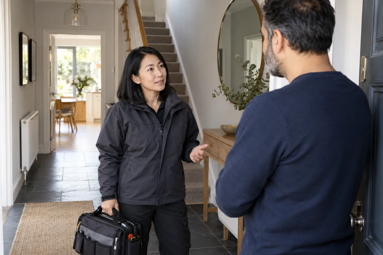 Inspection specialist talking with a resident in a home hallway