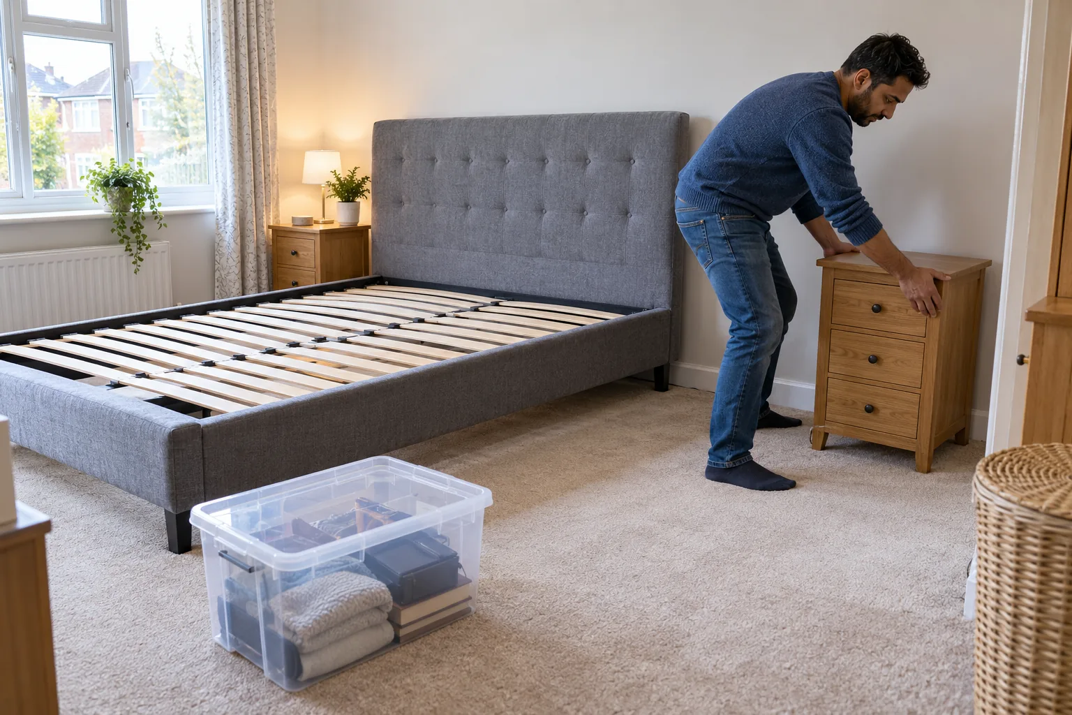 Homeowner clearing access beside a bed before an inspection
