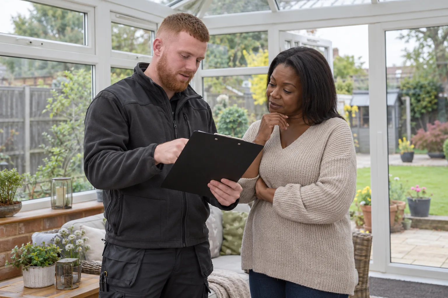 Specialist reviewing visit notes with a resident in a conservatory