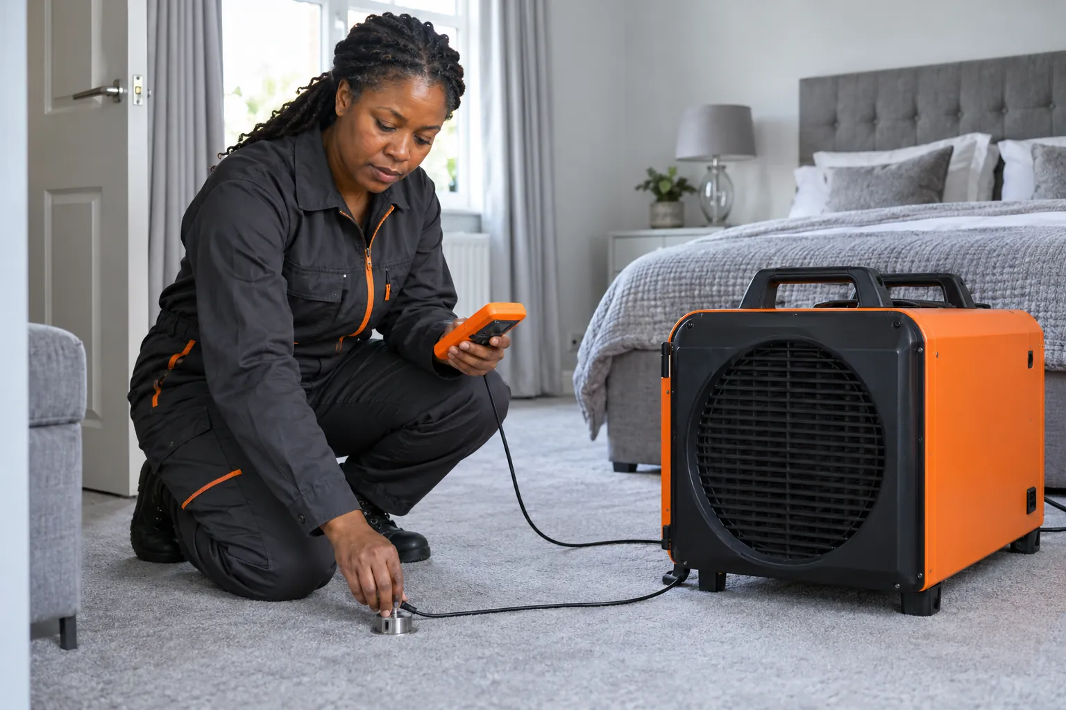 Specialist checking monitoring equipment in a prepared bedroom