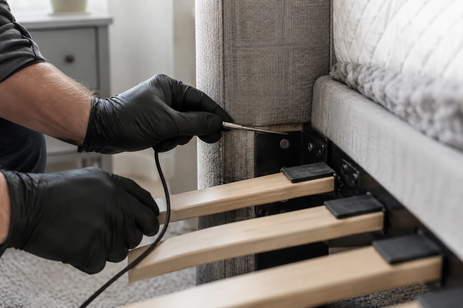 Temperature probe being placed at a sheltered furniture joint