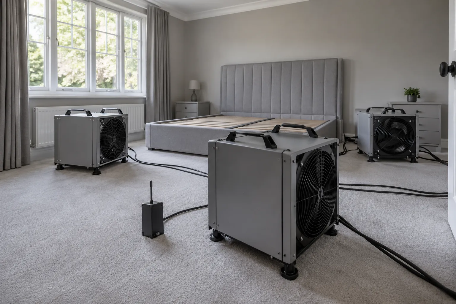 Commercial enclosed heaters and monitoring cables in a cleared room