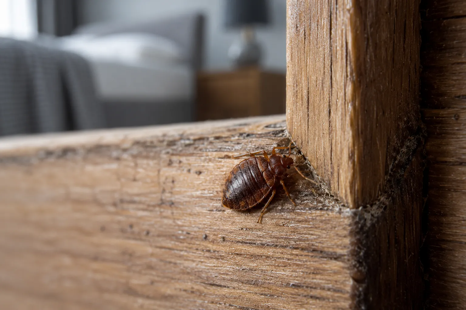 Bed bug at a wooden furniture joint