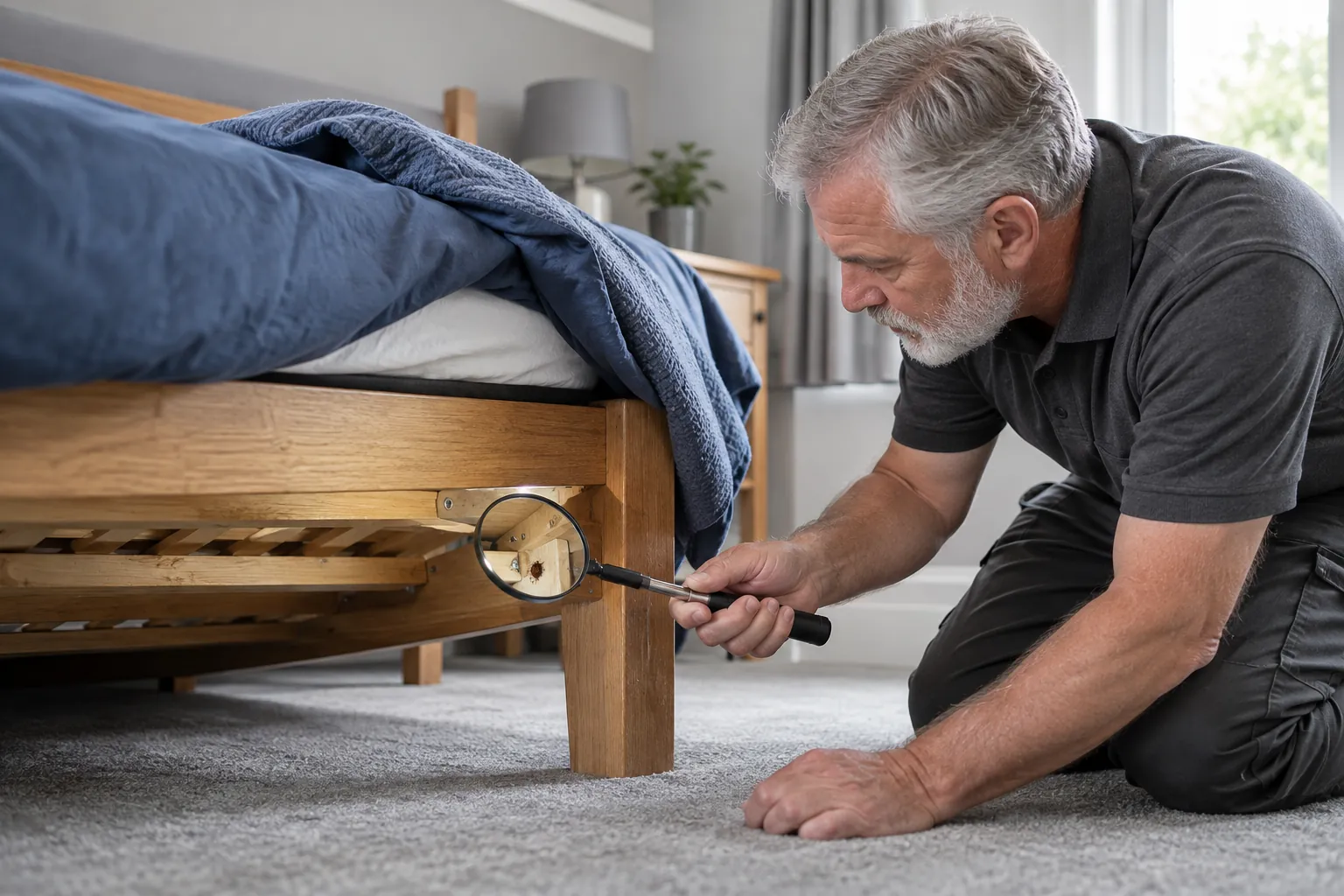 Technician examining wooden bed frame joints
