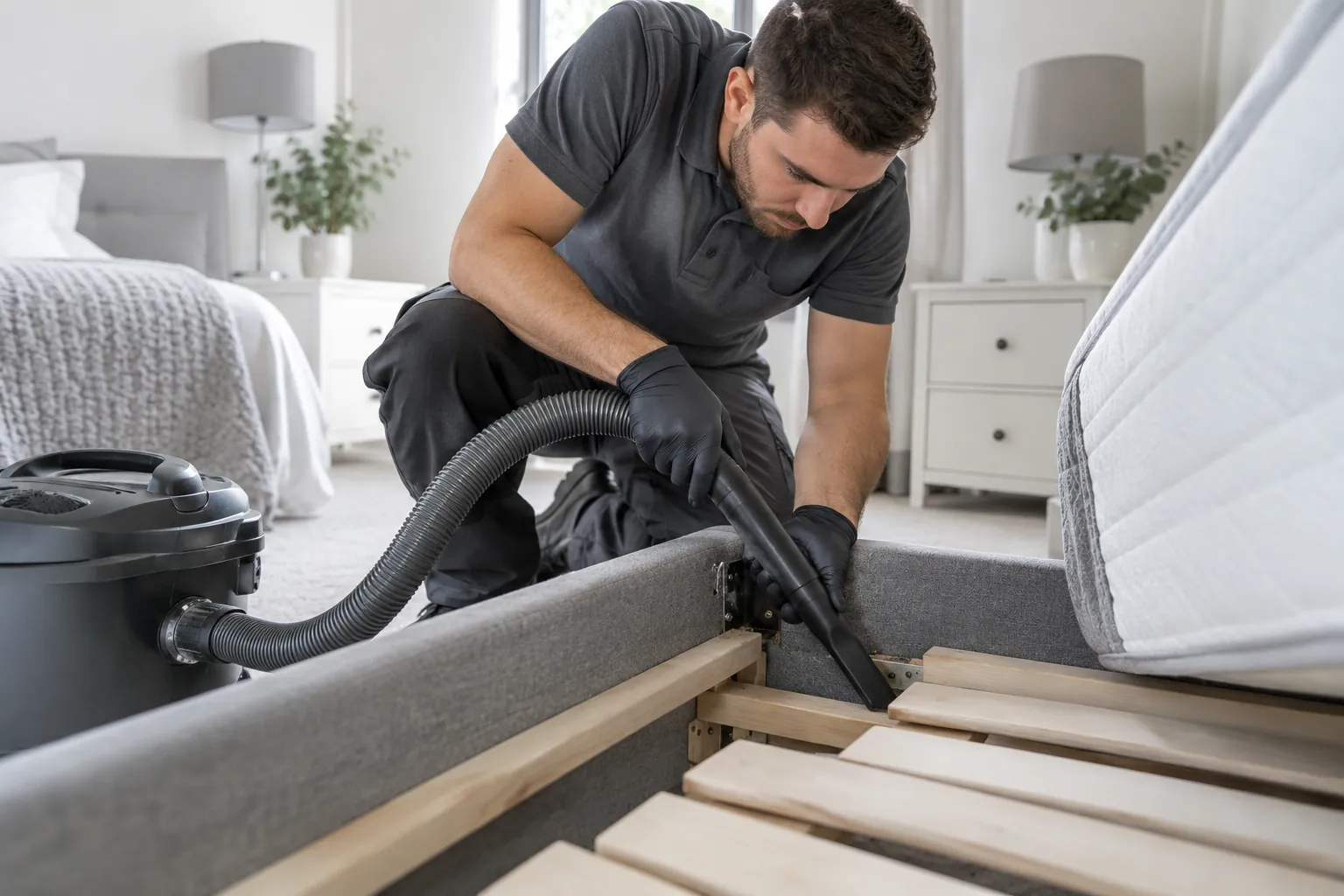 Crevice vacuum used along an accessible bed frame joint