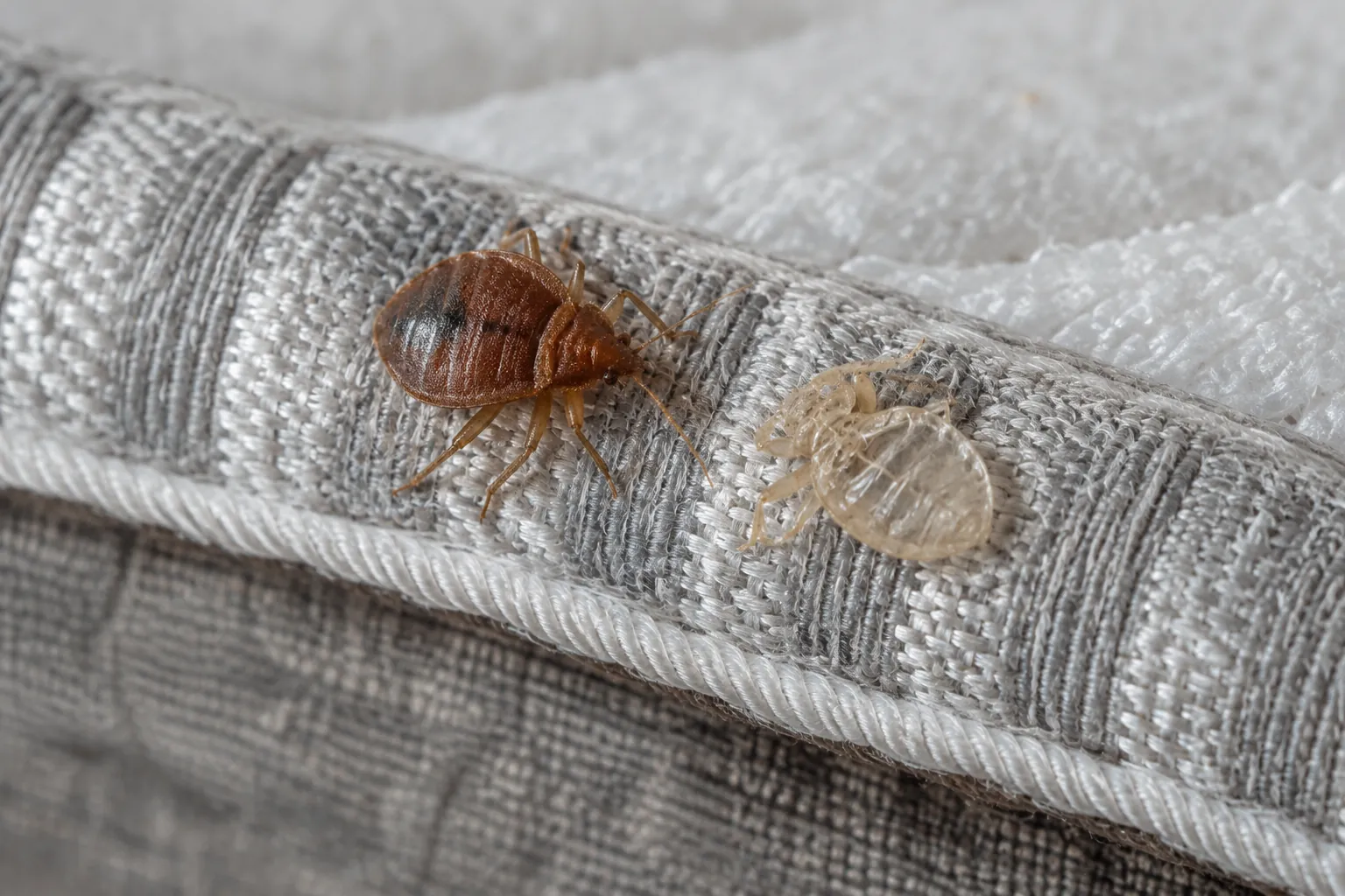 Adult bed bug and cast skin on mattress piping