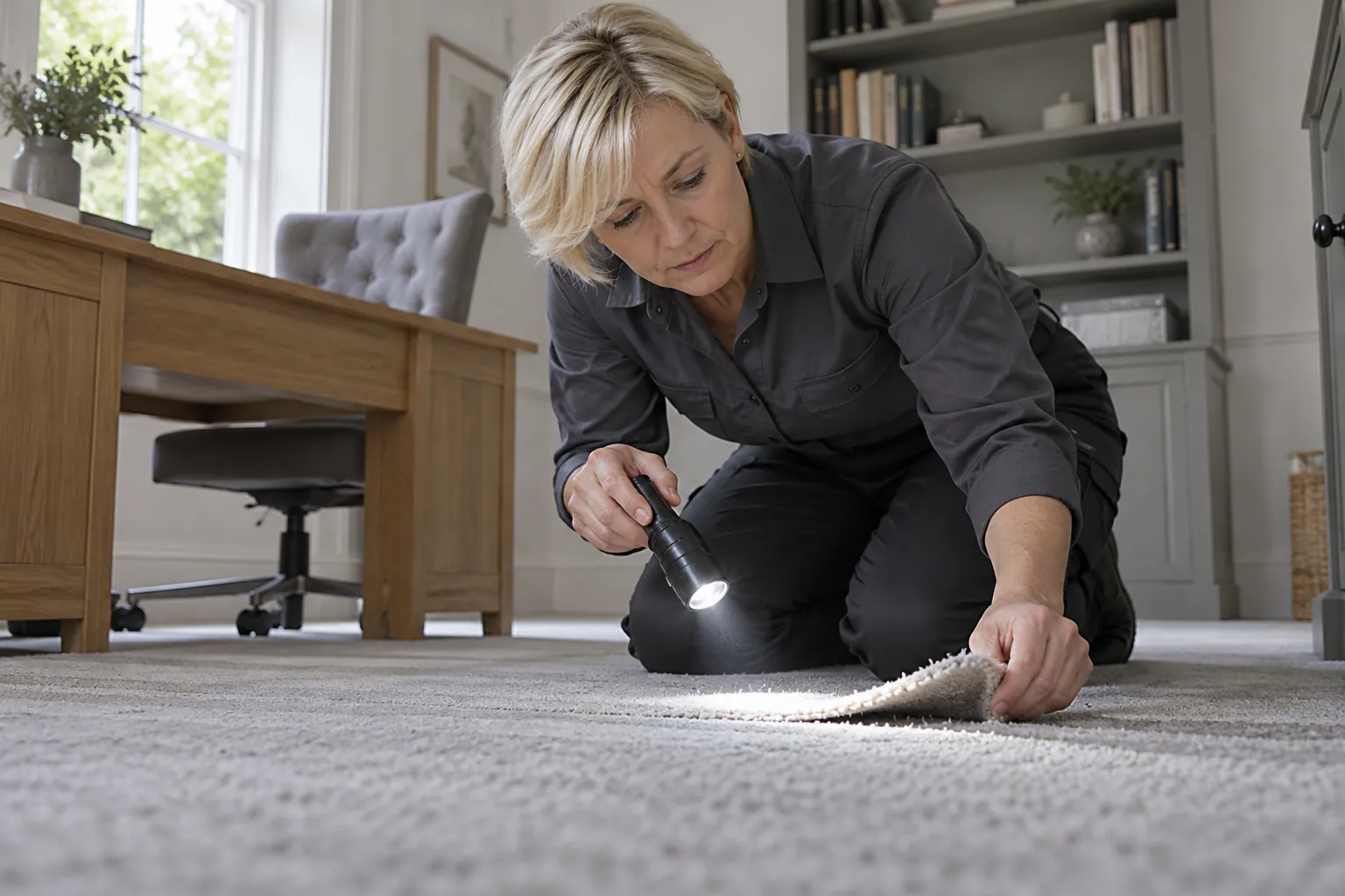 Fabric pest specialist examining a wool carpet edge