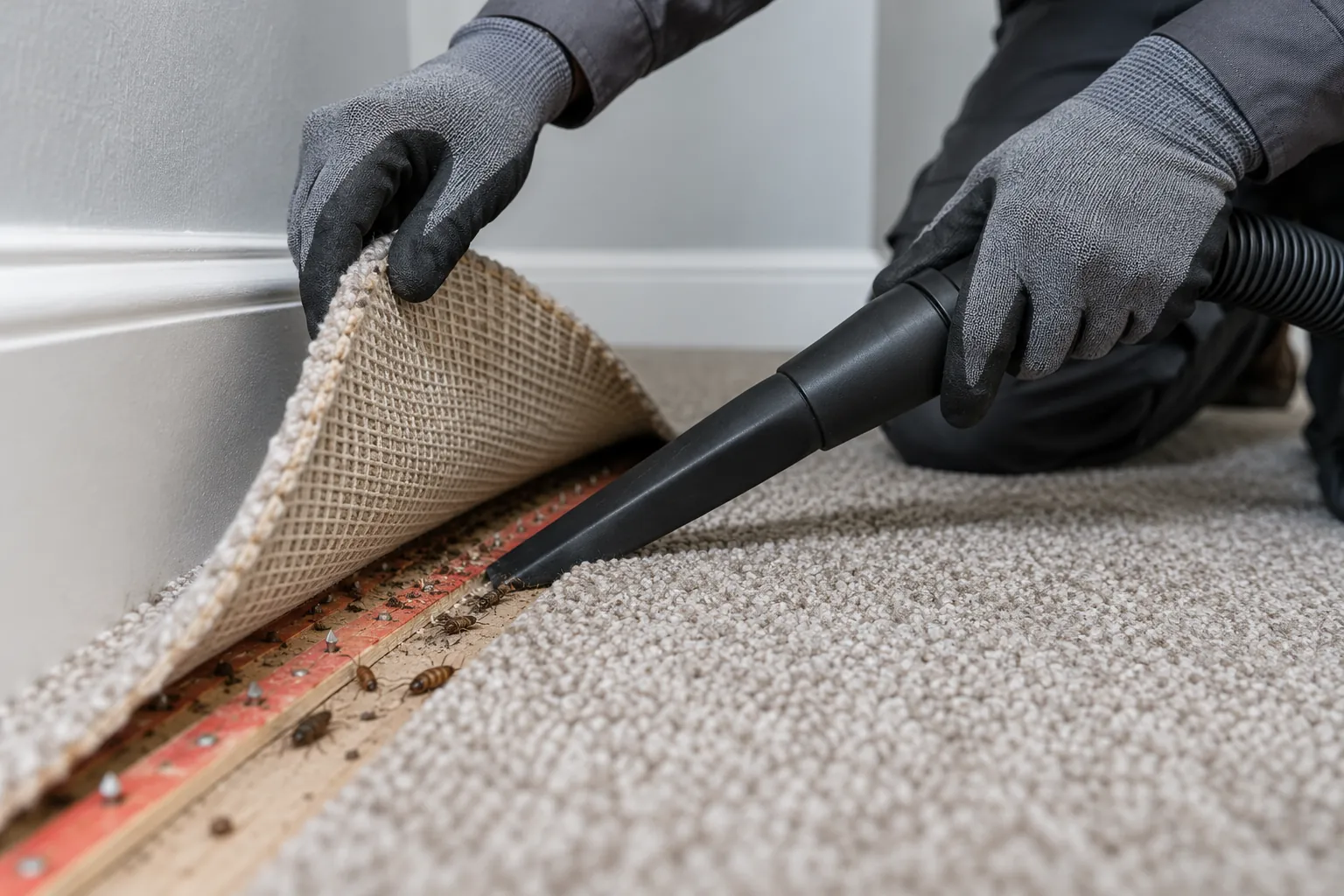 Crevice vacuum used along an accessible lifted carpet edge