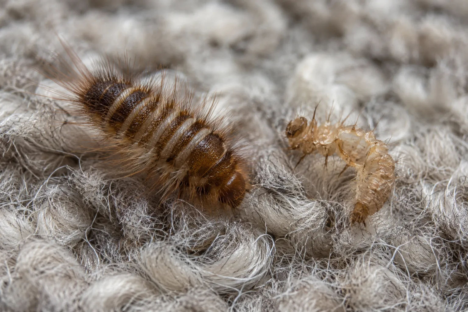 Carpet beetle larva and cast skin among wool fibres