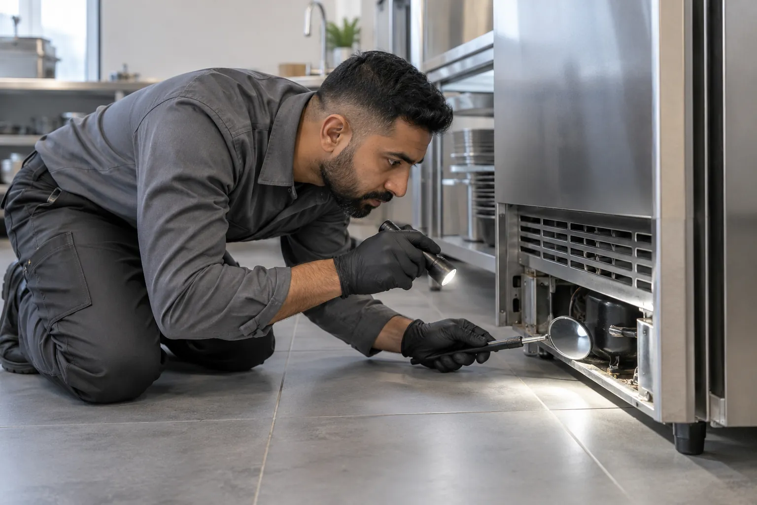 Specialist inspecting a refrigerator void in a kitchenette