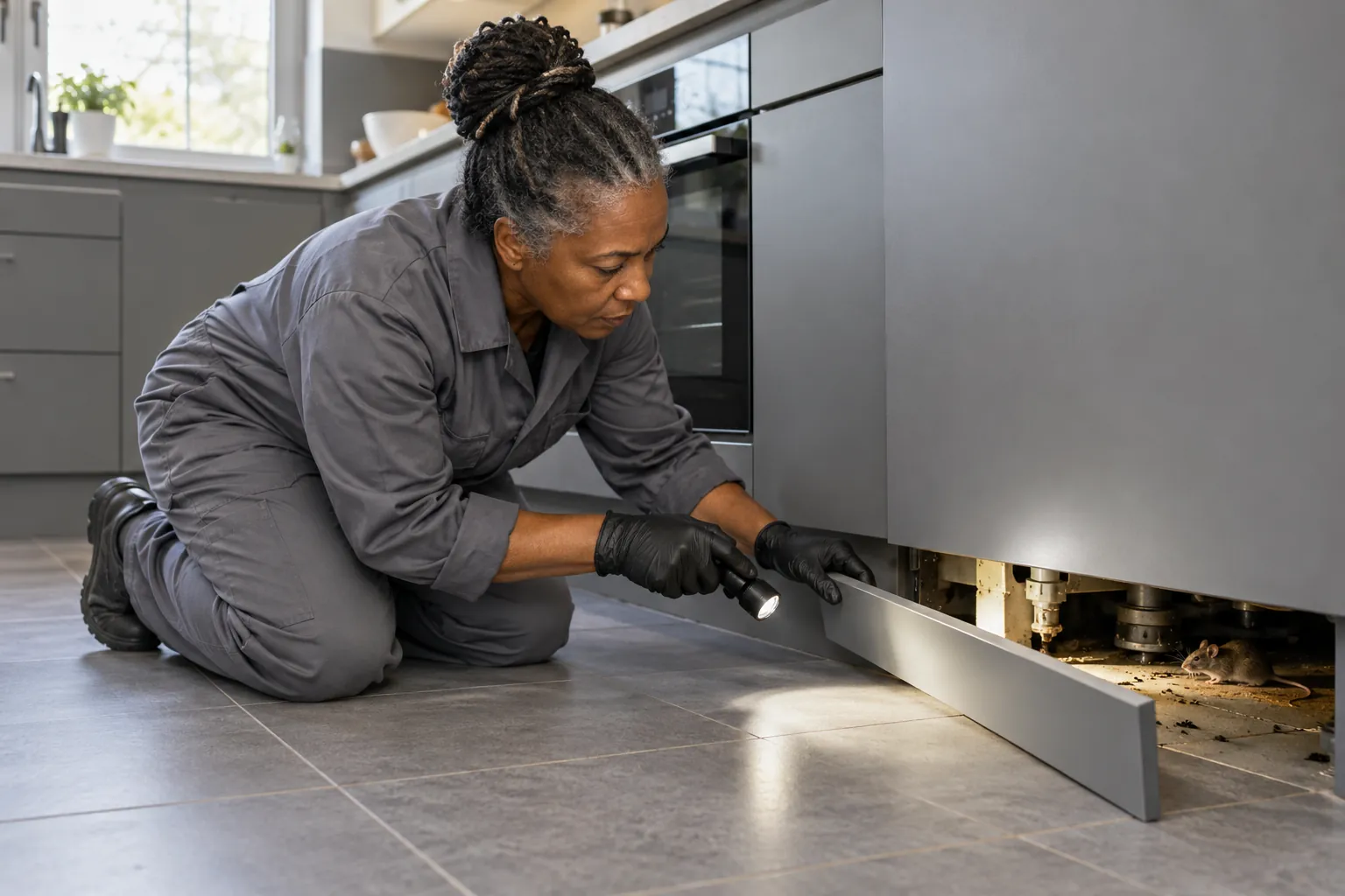 Technician checking an accessible cupboard plinth