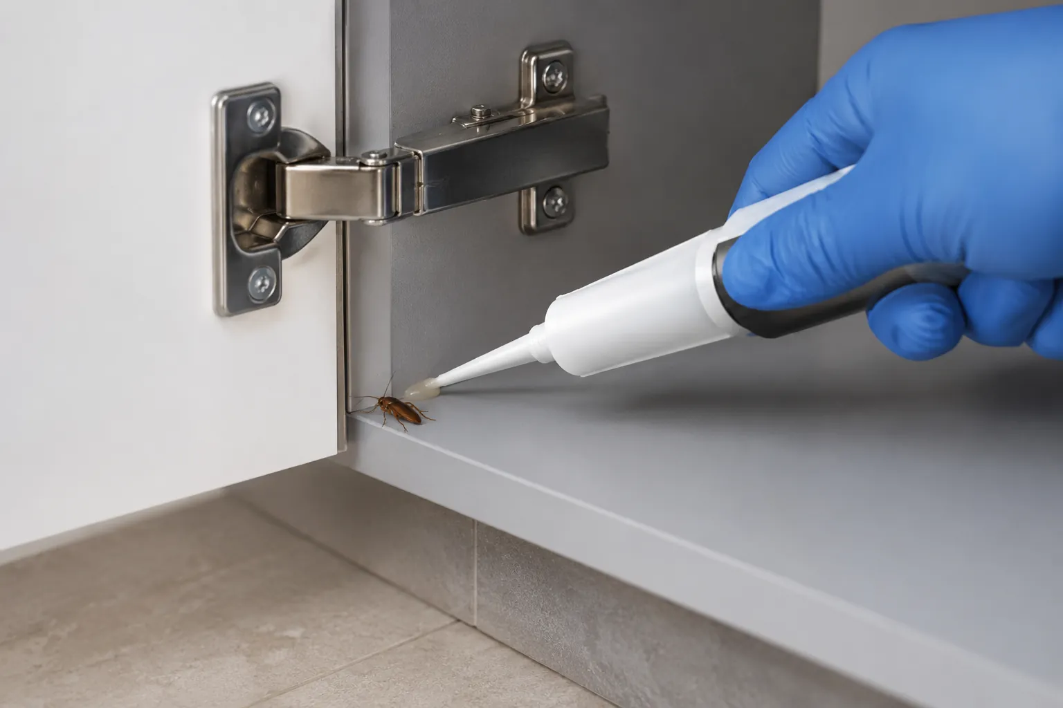 Gloved hand making a targeted placement at a sheltered cabinet hinge