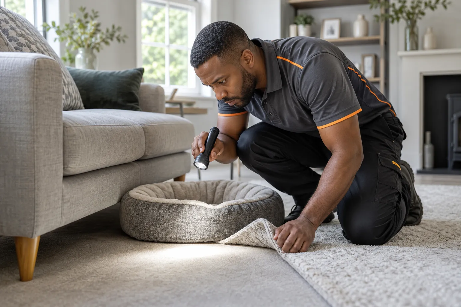 Specialist inspecting a carpet beside an empty pet resting area