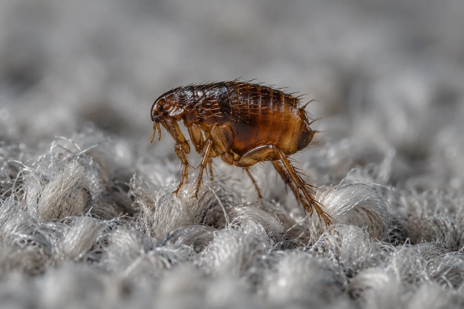 Flea in side profile among pale carpet fibres