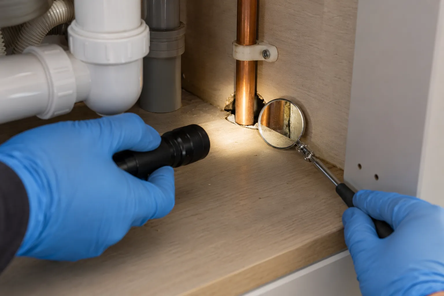 Inspection mirror checking a copper pipe penetration