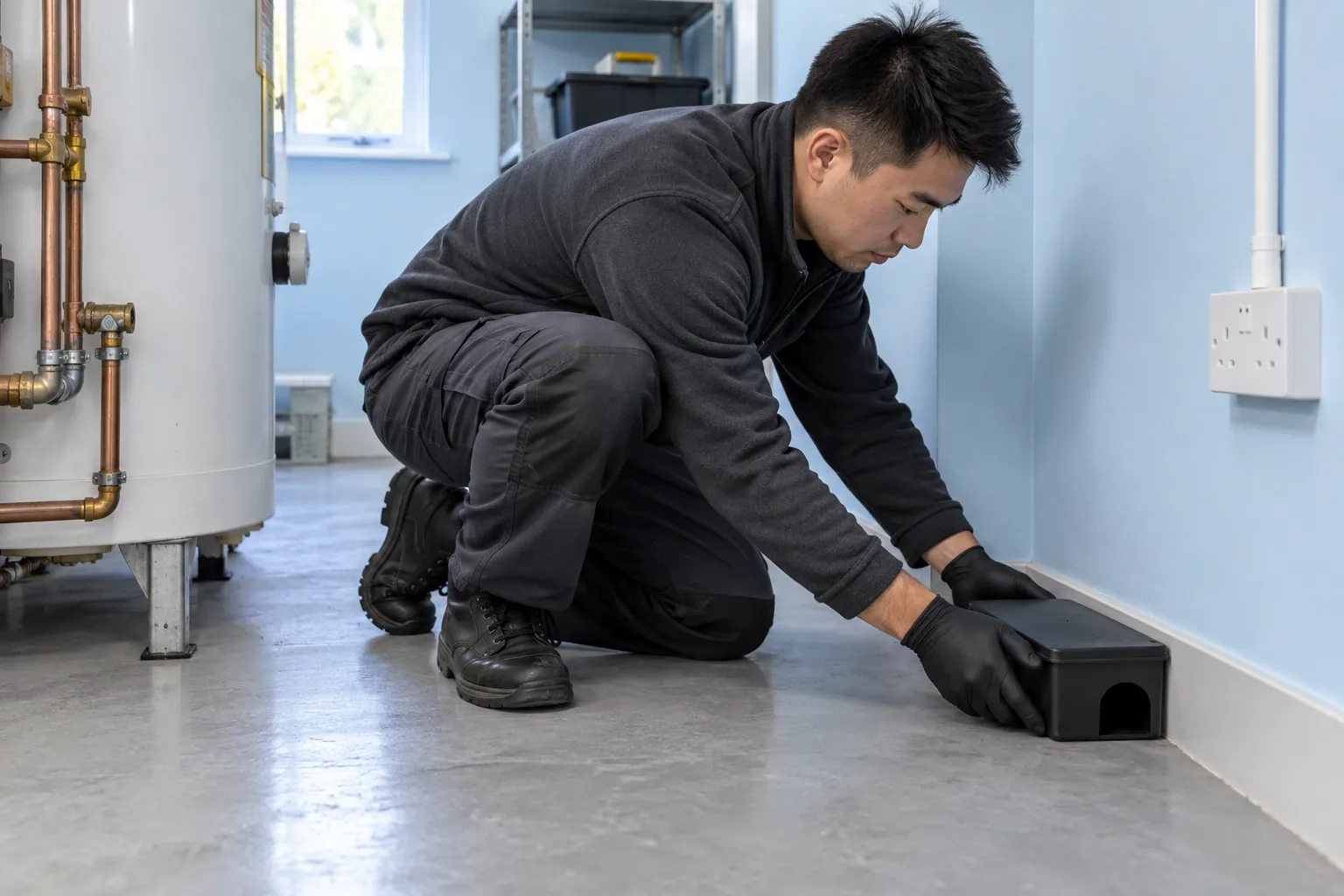 Technician positioning an enclosed mechanical mouse monitoring box