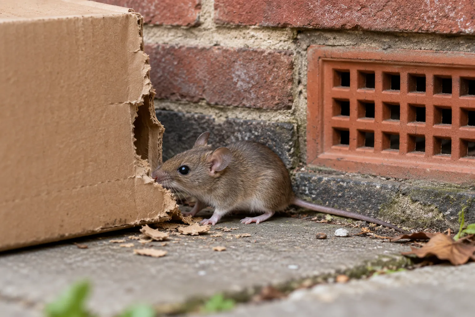 House mouse beside gnawed cardboard near a brick vent