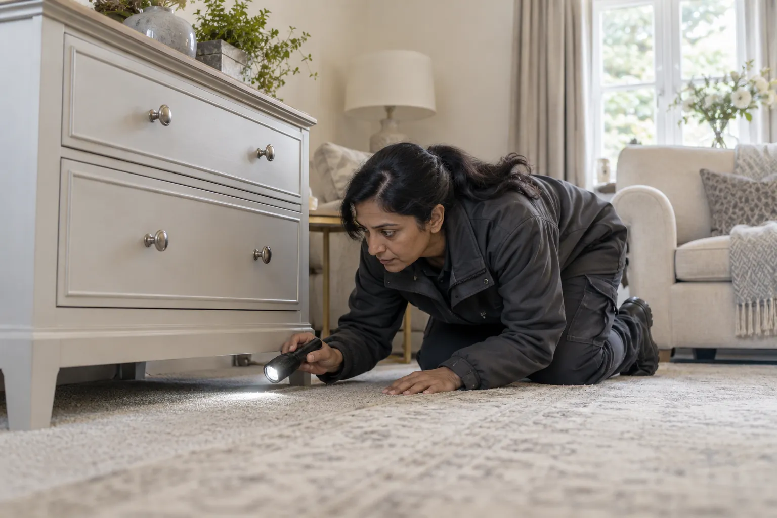 Specialist checking an accessible carpet edge beneath furniture