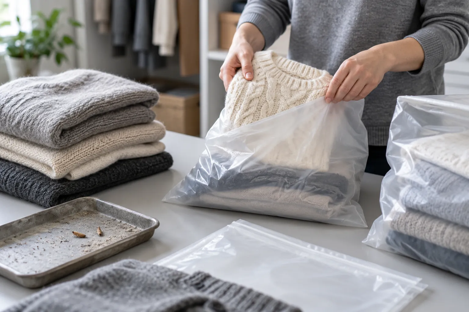 Wool garments separated into plain closed bags