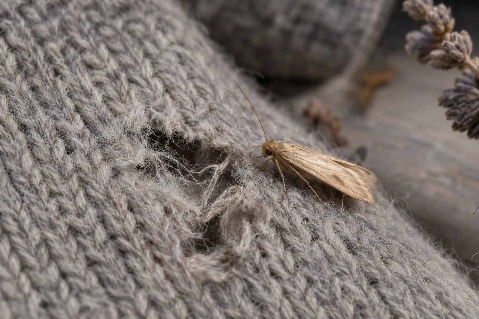 Clothes moth beside feeding damage on wool fabric