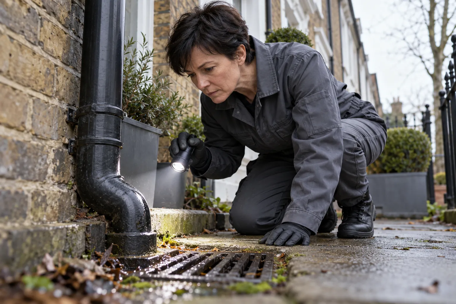 Specialist checking an exterior drain surround beside a brick terrace
