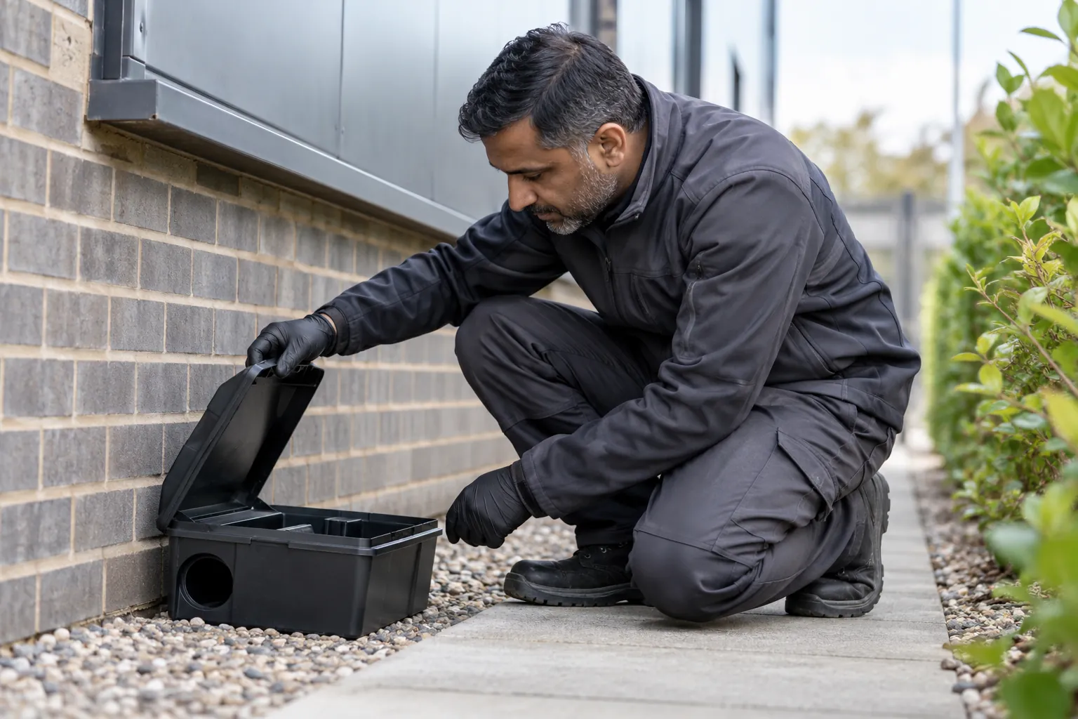 Specialist checking an enclosed outdoor rodent monitoring station