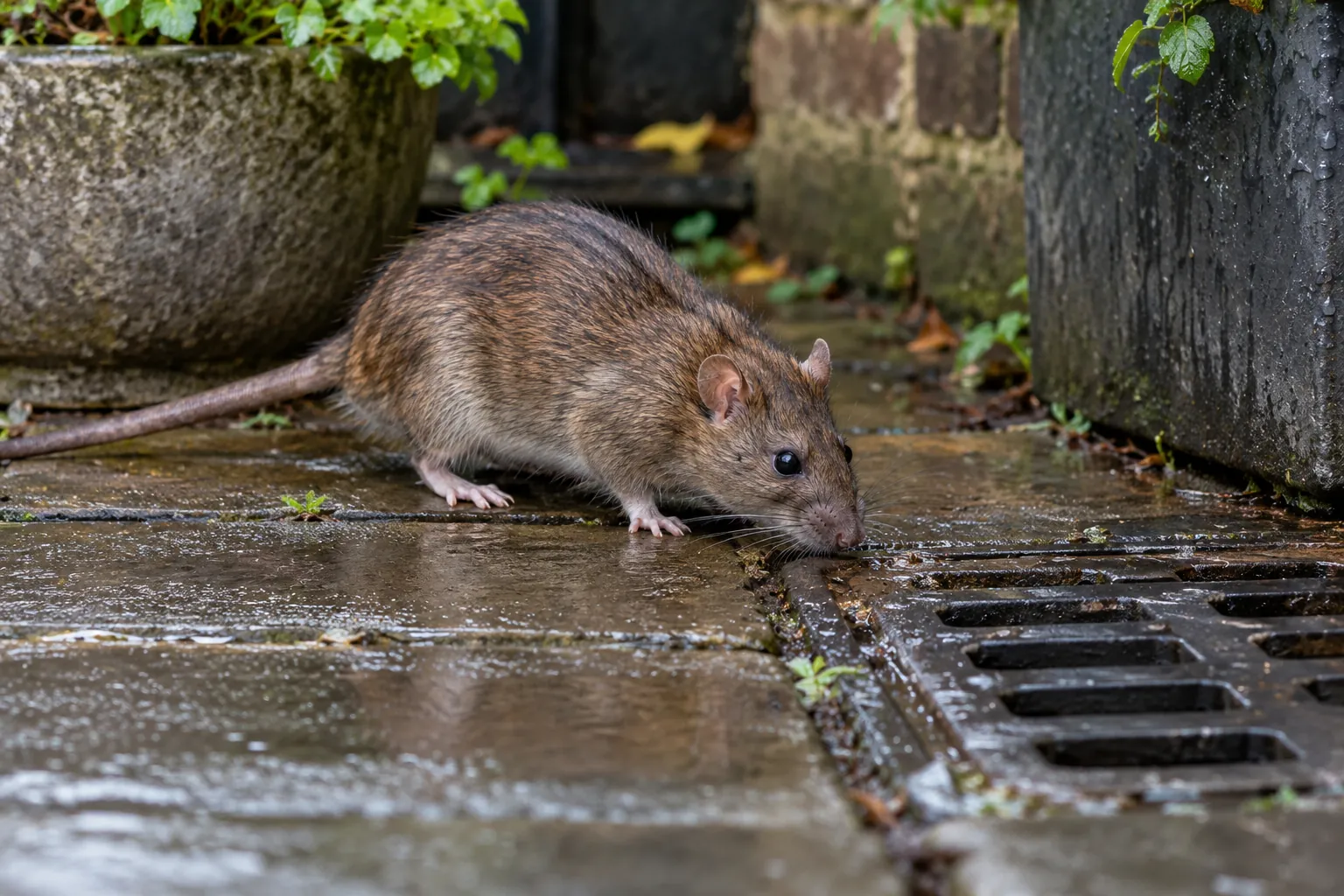 Brown rat beside a drain cover on wet paving