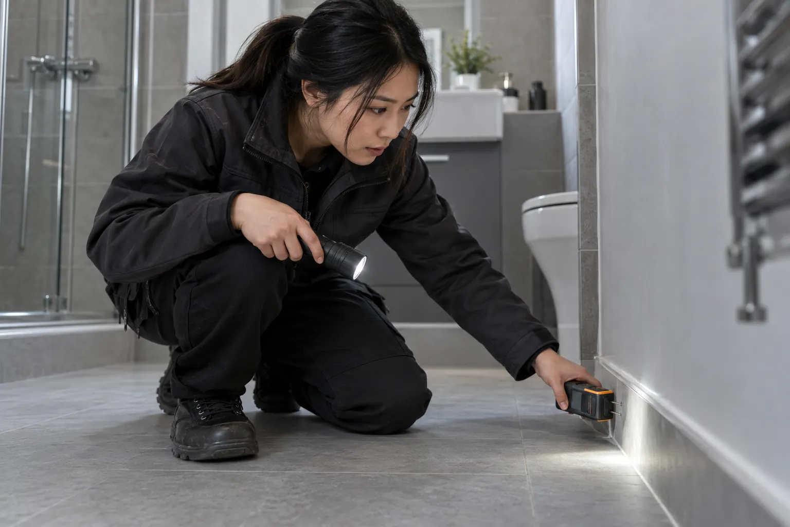 Specialist examining a bathroom edge with inspection equipment