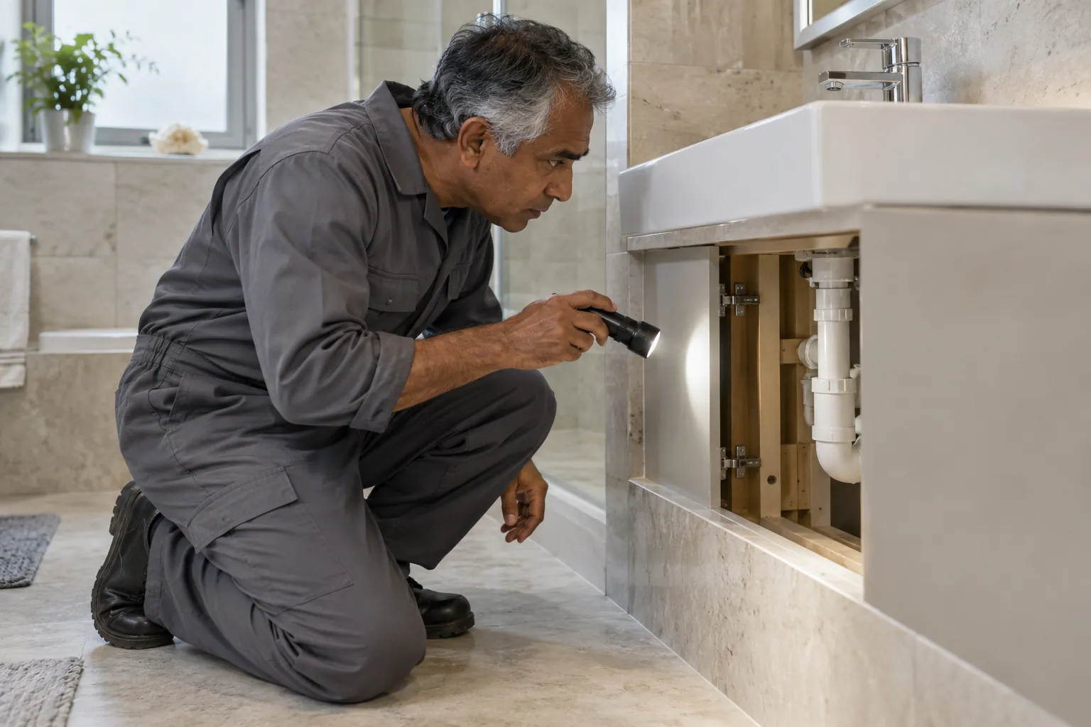 Technician checking accessible pipe boxing beneath a basin