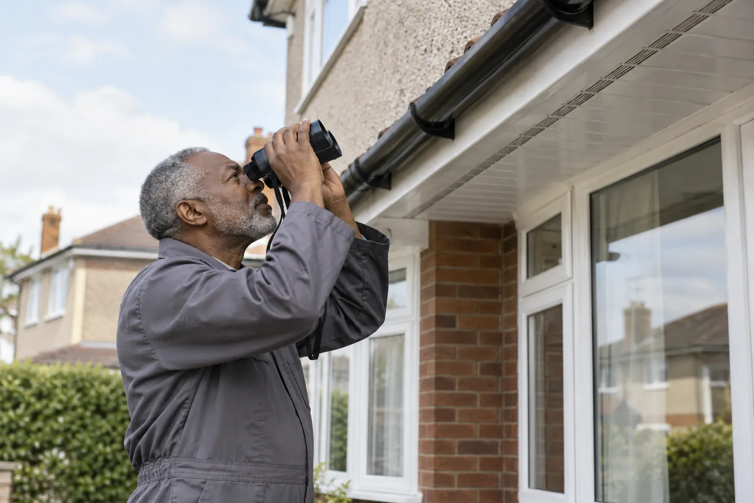 Specialist observing a roof fascia from ground level
