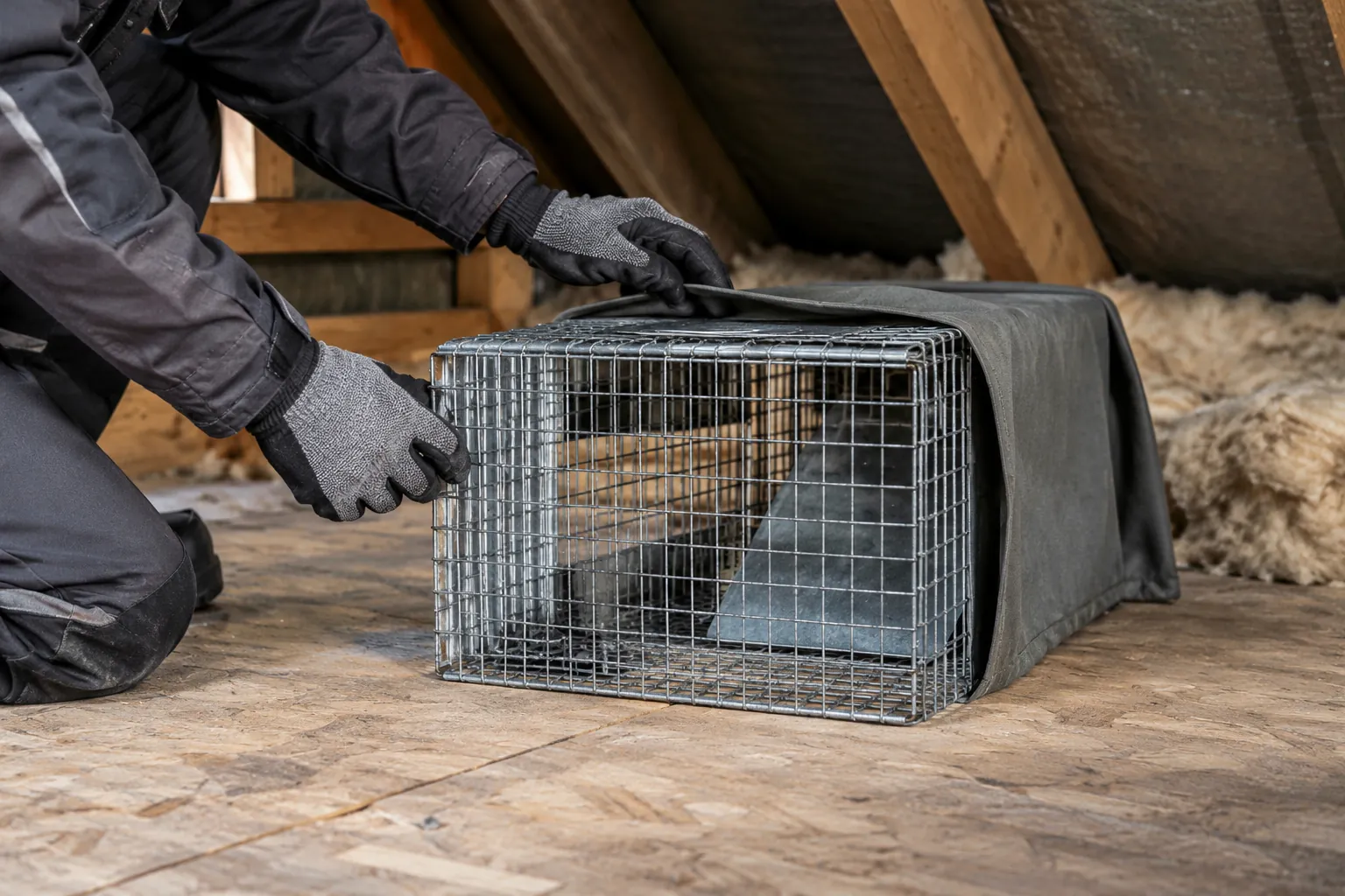 Gloved hands inspecting an empty covered wildlife capture cage