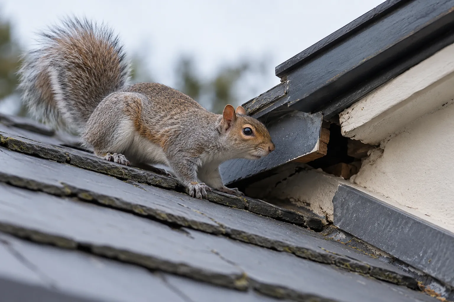 Grey squirrel beside a roof eaves opening